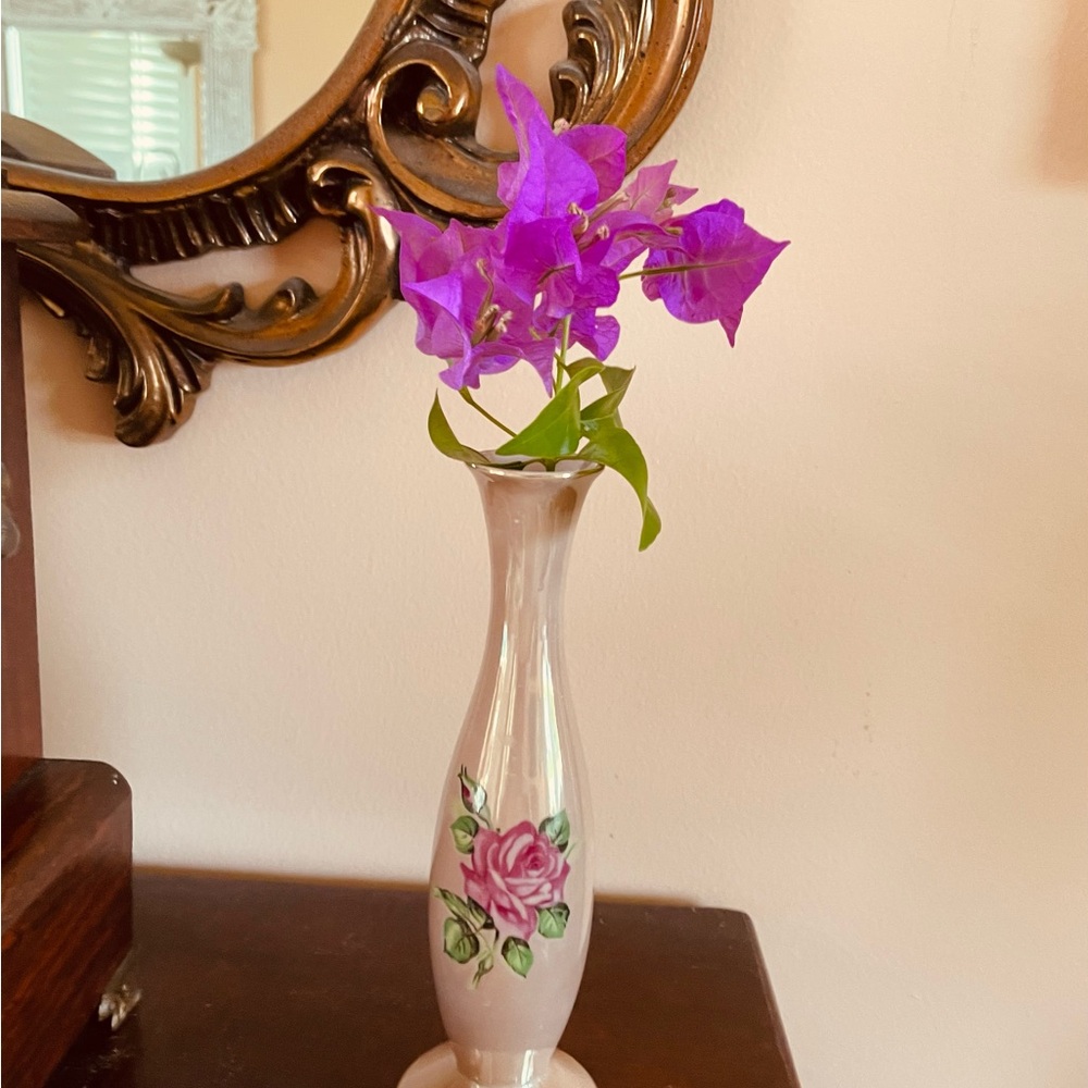 Vintage Glossy Beige Pink Ceramic Delicate Bud Vase with Hand-Painted Rose 8.5”